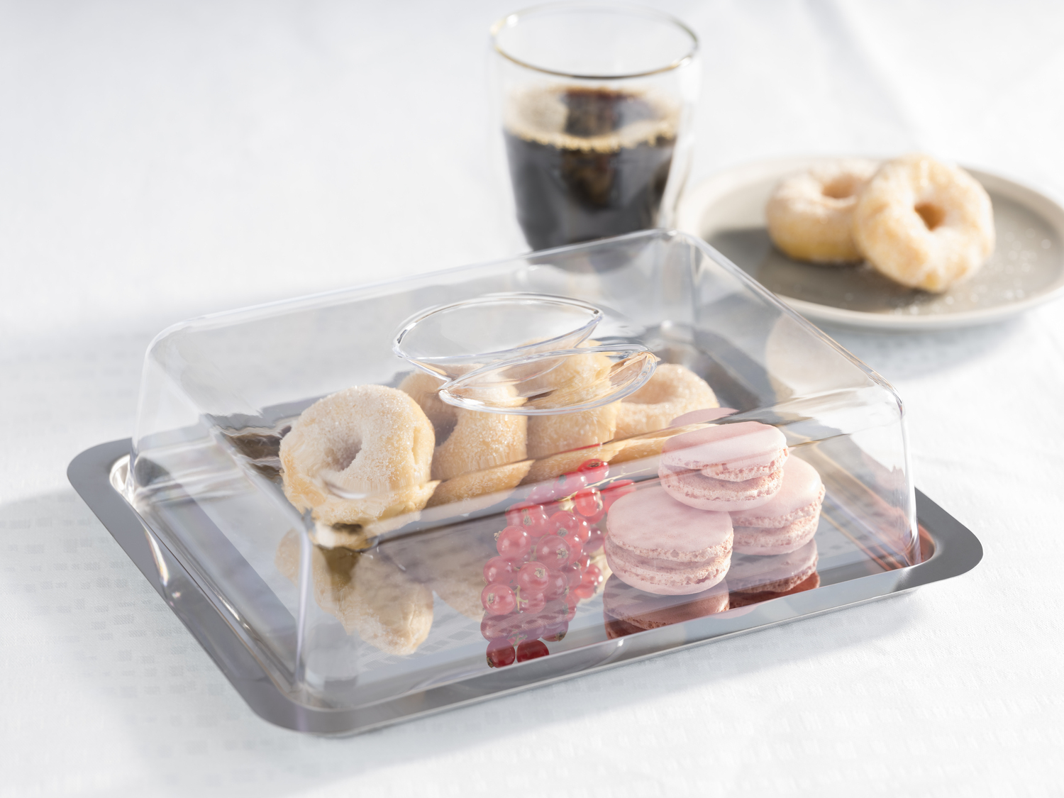 APS Rectangular Tray with Transparent Polystyrene Cover, 18/0 Stainless Steel, 27x18x7 cm, Silver, Stackable, Dishwasher Safe, Made in Germany