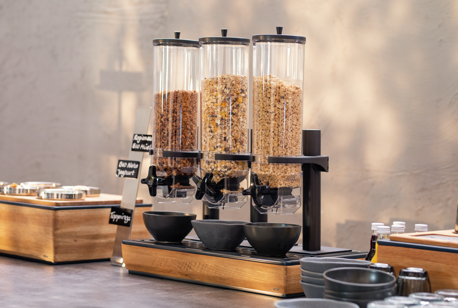 VEGA Montana Triple Muesli and Cereal Dispenser Set of 3, 3 x 4L Capacity, GN 1/1, Solid Oak Wood and Tritan BPA-Free Plastic, Stainless Steel Drip Tray