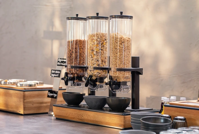 VEGA Montana Triple Muesli and Cereal Dispenser Set of 3, 3 x 4L Capacity, GN 1/1, Solid Oak Wood and Tritan BPA-Free Plastic, Stainless Steel Drip Tray