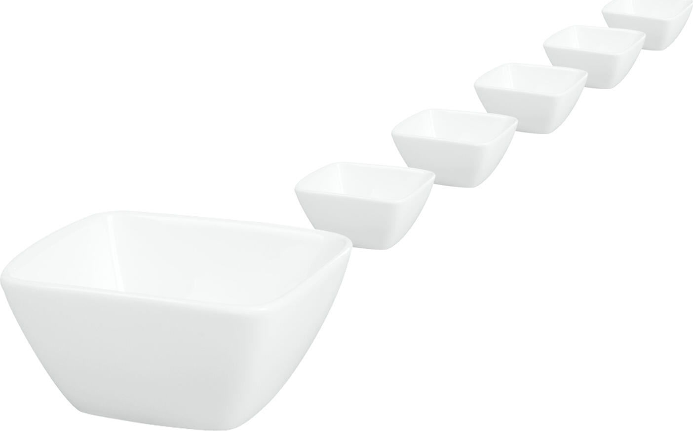 Set de 6 boluri din porțelan Vega Lusini Galway, 150 ml, albe, formă pătrată cu pereți tapered, rezistente la cuptorul cu microunde și mașina de spălat vase