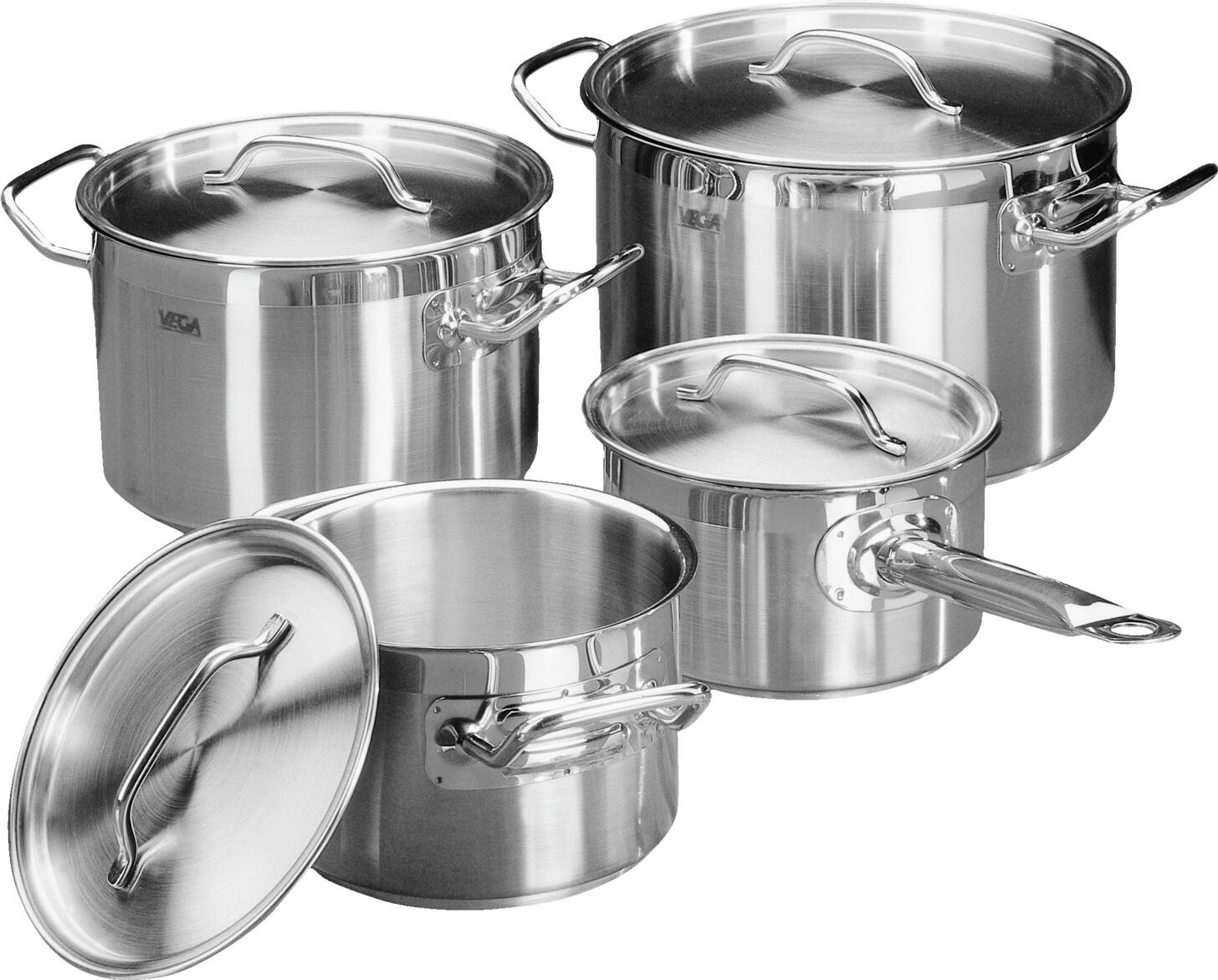 VEGA LUSINI Solutions GmbH Cookware set Professional 8-piece Kochtopf-Set Professional 8-teilig Cookware set Professional 8-piece; silver Kochtopf-Set Professional 8-teilig; silber Professional pot set made of chrome-nickel stainless steel 18/10, pot body matt brushed. Stainless steel bottom with 6 mm aluminum in sandwich technique for optimal heat conduction and storage. Spot-welded, solid handles. With pouring rim for drip-free pouring. Suitable for all types of stoves. Suitable for dishwasher. The set includes three smaller cooking pots in different sizes with lids and a saucepan, also with lid. Contents and dimensions of the pots: 4.1L: 20x15 cm (ØxH); 6.6L: 24x17 cm (ØxH); 2.3L: 16x13 cm (ØxH). Dimensions and contents saucepan: 1.8L: 16x10 cm (ØxH). Profi-Topf-Set aus rostfreiem Chrom-Nickel-Edelstahl 18/10, Topfkörper matt gebürstet. Edelstahlboden mit 6 mm Aluminium in Sandwich-Technik für optimale Wärmeleitung und -speicherung. Punktgeschweißte, massive Griffe. Mit Schüttrand zum tropffreien Ausgießen. Für alle Herdarten geeignet. Spülmaschinengeeignet. Das Set beinhaltet drei kleinere Kochtöpfe in unterschiedlichen Größen mit Deckel sowie eine Stielkasserolle, ebenfalls mit Deckel. Inhalt und Maße der Töpfe: 4.1L: 20x15 cm (ØxH); 6.6L: 24x17 cm (ØxH); 2,3L: 16x13 cm (ØxH). Maße und Inhalt Stielkasserolle: 1.8L: 16x10 cm (ØxH).