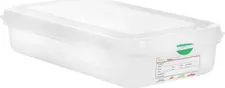 Denox FABRICANTES DE MENAJE, S. A. GN plastic container Dena 1/3 GN-Kunststoffbehälter Dena 1/3 GN plastic container Dena 1/3; GN 1/3, 2.5 l, 32.5x17.6x6.5 cm (LxWxD); transparent; 6 piece / pack GN-Kunststoffbehälter Dena 1/3; GN 1/3, 2.5 l, 32.5x17.6x6.5 cm (LxBxT); transparent; 6 Stück / Pack Affordable and stable GN storage boxes made of polypropylene (container) or polyethylene (lid). Food-safe and temperature-resistant from -10 °C to +70 °C. The boxes are standardized and dishwasher safe. They are provided with permanent labels for labeling content, date of storage, best before, etc. The lids and containers can be marked with color clips to meet the hygiene regulations. The boxes are supplied with a tight lid and clips in four colors. Stabile GN-Vorratsboxen aus Polypropylen (Behälter) bzw. Polyethylen (Deckel). Lebensmittelecht und temperaturbeständig von -10 °C bis +70 °C. Spülmaschinenfest. Mit permanentem Etikett zur Beschriftung mit Inhalt, Einlagerungsdatum und MHD. Um die Hygieneverordnung einzuhalten, können Deckel und Behälter mit Farbclips gekennzeichnet werden. Lieferung inkl. Deckel und Clips.