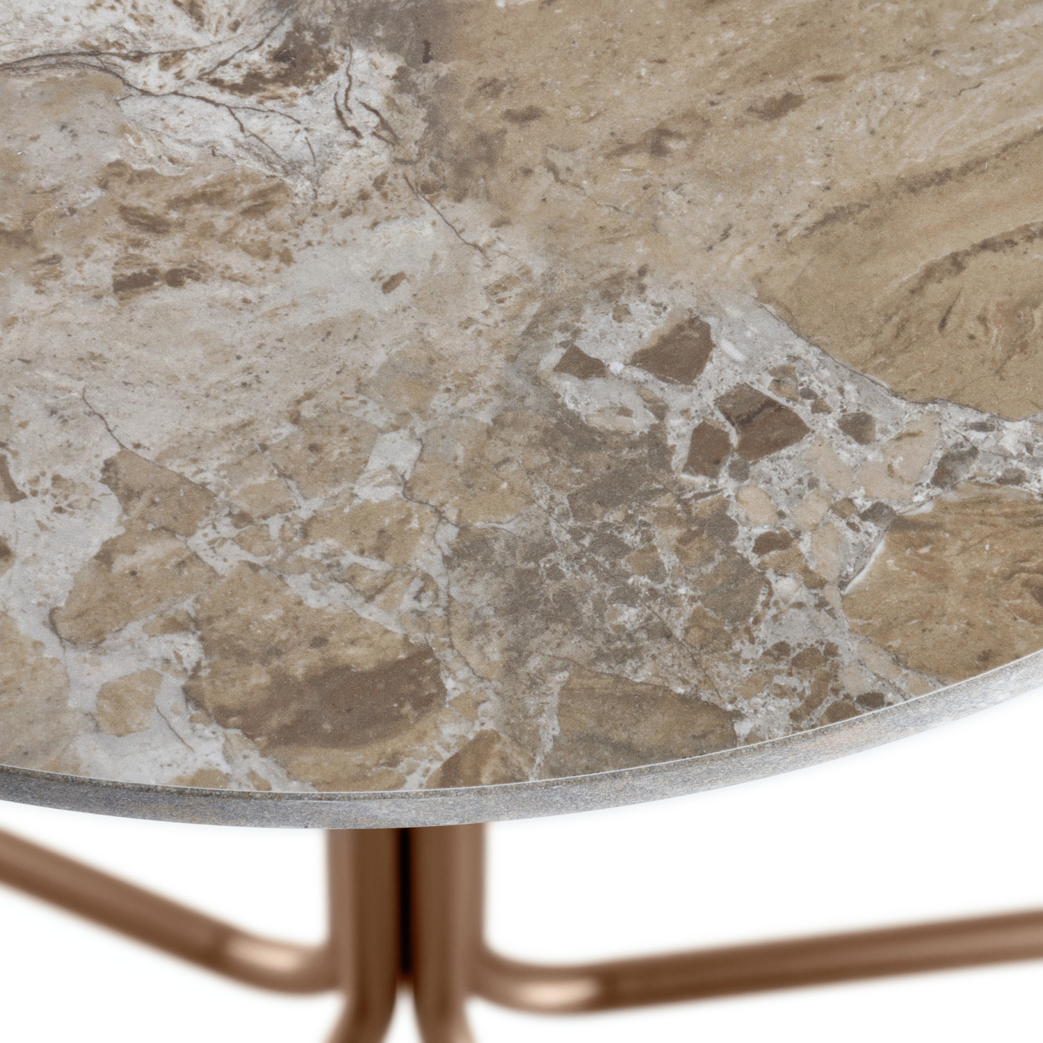 VEGA Alba Round Side Table, 50x50 cm, White Marbled Sintered Stone Top, Rustproof Copper-Coated Tubular Steel Base, 30 kg Load Capacity