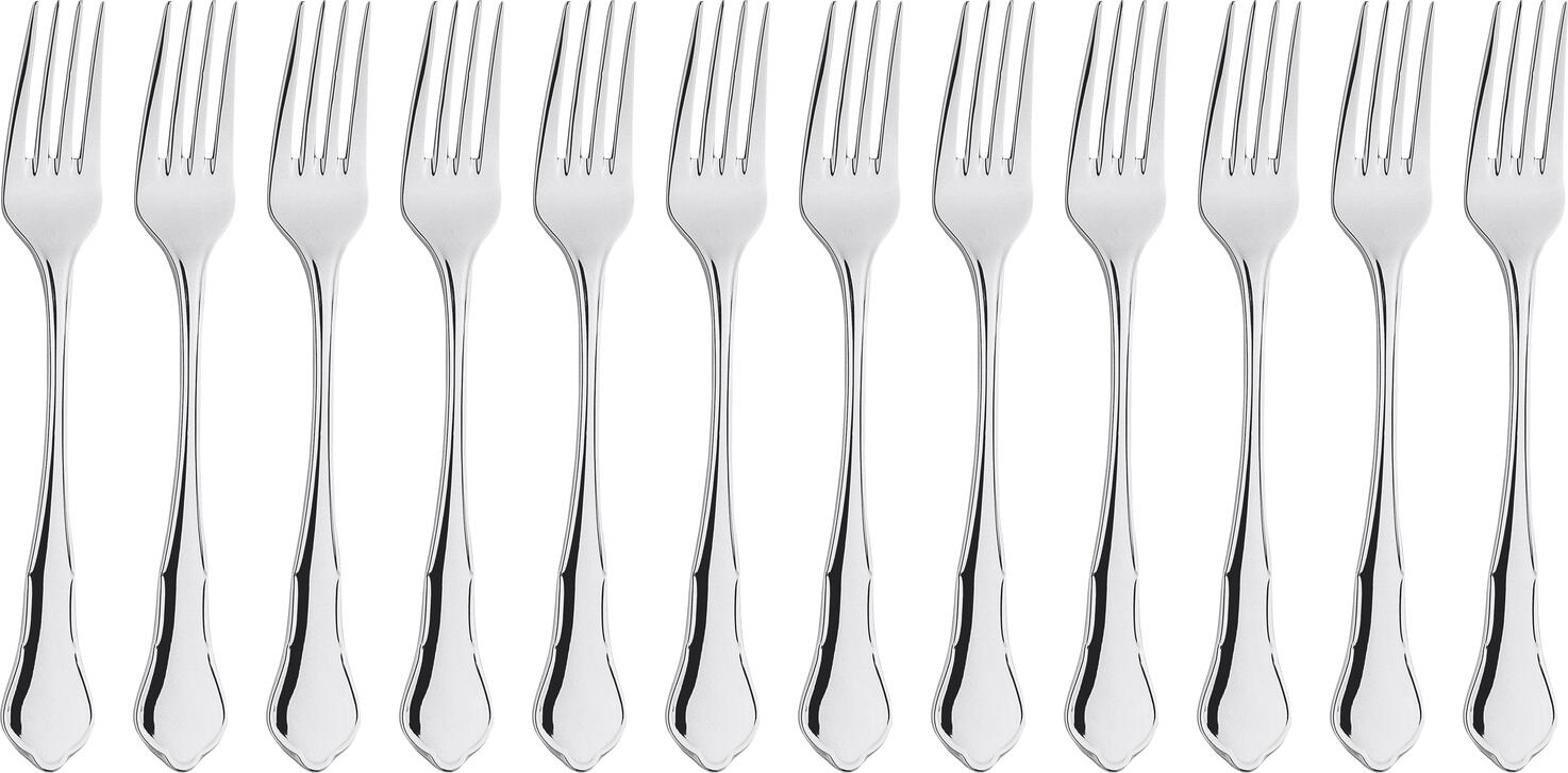 Pulsiva Malaga II Table Fork Set of 12, 18/0 Chrome Stainless Steel, Rust-free and Nickel-free, Highly Polished Silver, 20.2 cm, Dishwasher Safe