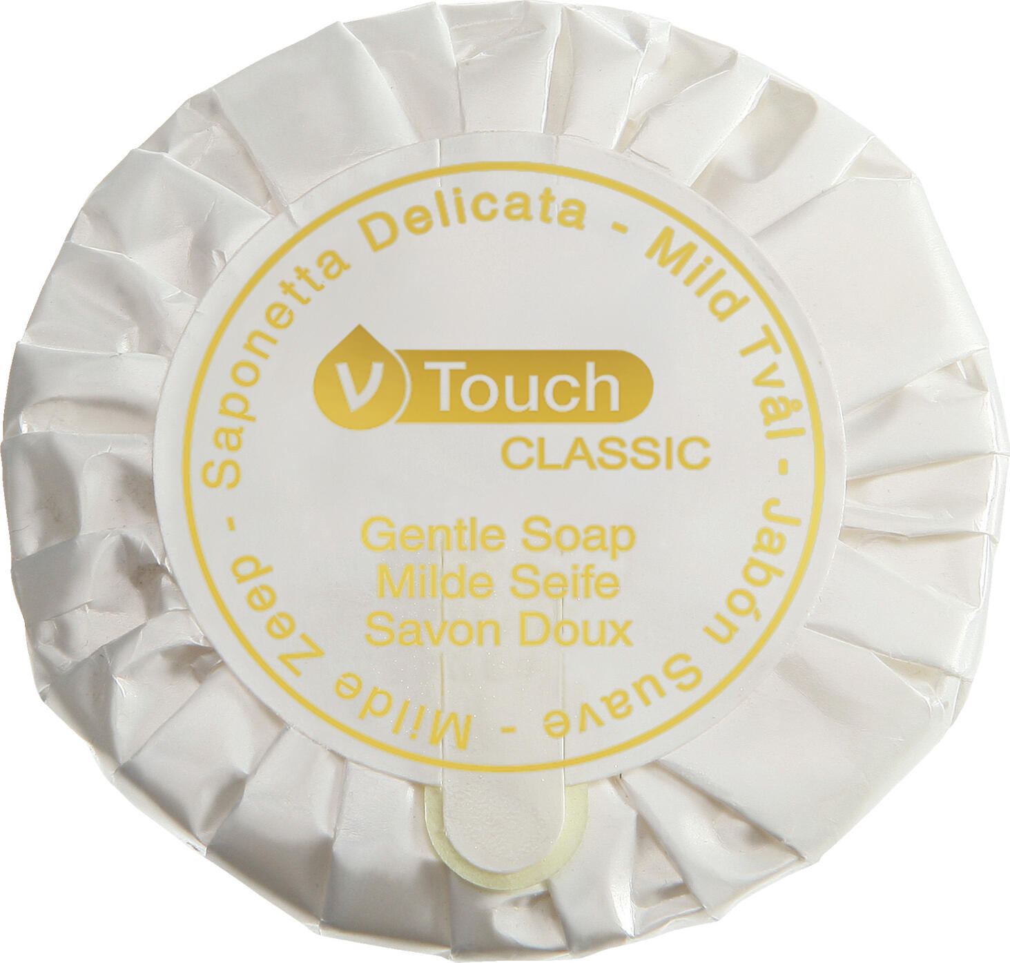 V-Touch LUSINI Solutions GmbH Hotel soap Classic Hotelseife Classic Hotel soap Classic; white; 400 piece / pack Hotelseife Classic; weiß; 400 Stück / Pack The mild V-Touch Classic soap is a classic soap of good quality. The round soap bar is perfect for mild cleansing of the face and body. The creamy, gentle lather cleanses reliably and exudes a fine fragrance of citrus fruits and flowers. Dermatologically tested. The 16 g hand soap is individually wrapped in classic paper with gold print. Die milde Seife V-Touch Classic ist eine klassische Seife von guter Qualität. Das runde Seifenstück ist perfekt für die milde Reinigung von Gesicht und Körper geeignet, Der cremig-sanfte Schaum reinigt zuverlässig und verströmt dabei eine feine Duftnoten von Zitrusfrüchten und Blüten. Dermatologisch getestet! Die 16 g Handseife ist einzeln verpackt im klassischen Papier mit Goldaufdruck.