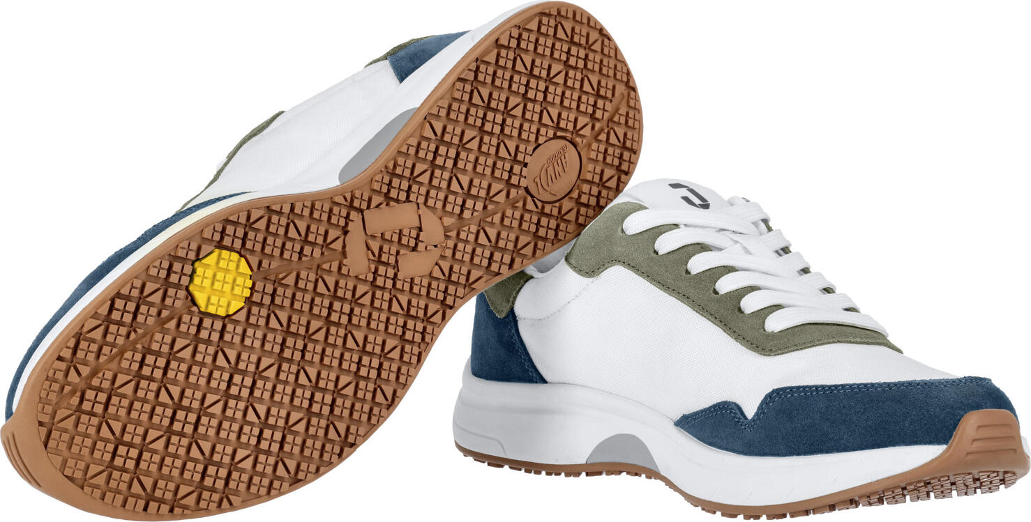 Jobeline Summit Unisex Work Shoes Set of 3 with Shoehorn and Extra Laces, Size 38, Color cream white/blue/grey, O1 Protection, EN ISO 20347:2022, Non-slip SR Rubber Outsole, Leather and Nylon