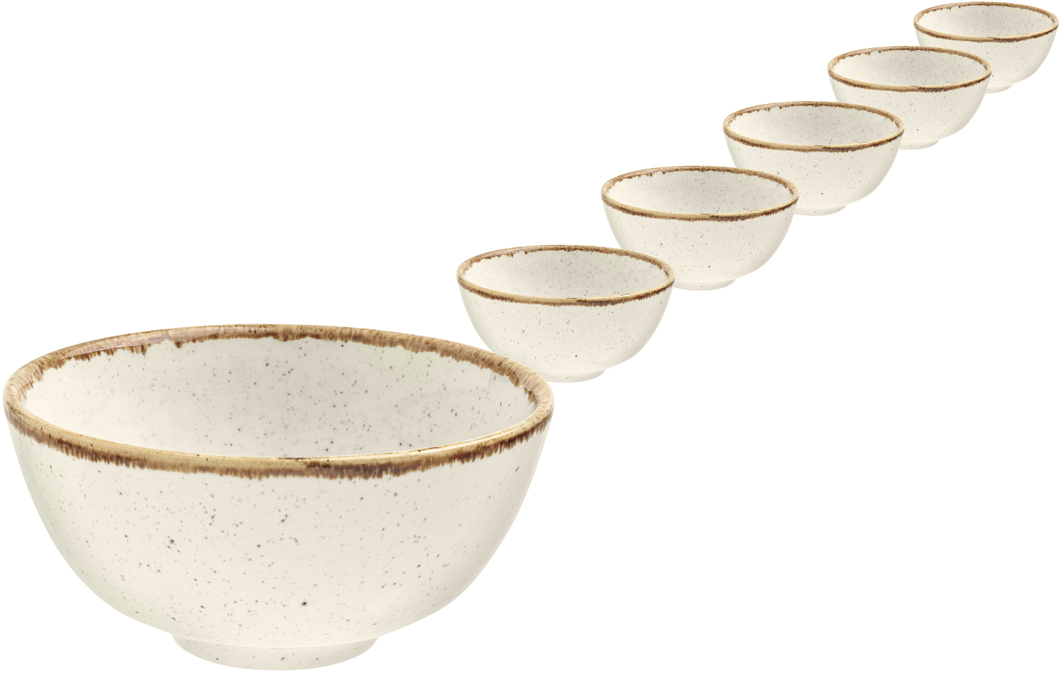 Set de 6 piese Boluri Rotunde din Porțelan VEGA Sidina, 400ml, Diametru 12.5cm, Culoare Bej cu Margine Maro, Rezistente la Cuptorul cu Microunde si Lavabil