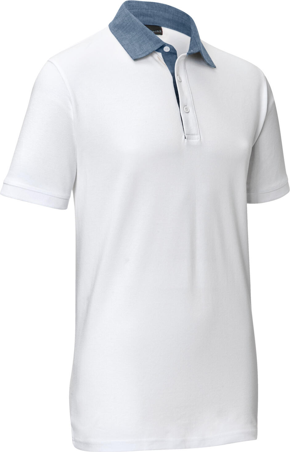 JOBELINE LUSINI Solutions GmbH Men's polo shirt Cato Chambray Herren-Polo Cato Chambray Men's polo shirt Cato Chambray; Size 2XL; white Herren-Polo Cato Chambray; Kleidergröße 2XL; weiß 95 % cotton, 5 % spandex. 40 °C wash. Modern short-sleeved polo piqué shirt for men in easy-care, wrinkle-resistant cotton/spandex quality. With flat-knit cuffs, collar made of chambray fabric, and four-button placket underlaid with chambray fabric. With short side slits. Slightly waisted cut. Back length: 74 cm for size M. 95 % Baumwolle, 5 % Elasthan. 40°-Wäsche. Modernes kurzärmliges Polo-Piqué-Shirt für Herren in pflegeleichter, knitterfreier Baumwoll-Elasthan-Qualität. Mit Flachstrickbündchen an den Ärmeln, Kragen aus Chambray-Gewebe, sowie mit Chambray-Gewebe unterlegter Vierknopfleiste. Mit kurzen seitlichen Schlitzen. Leicht tailliert geschnitten. Rückenlänge: 74 cm bei Gr. M