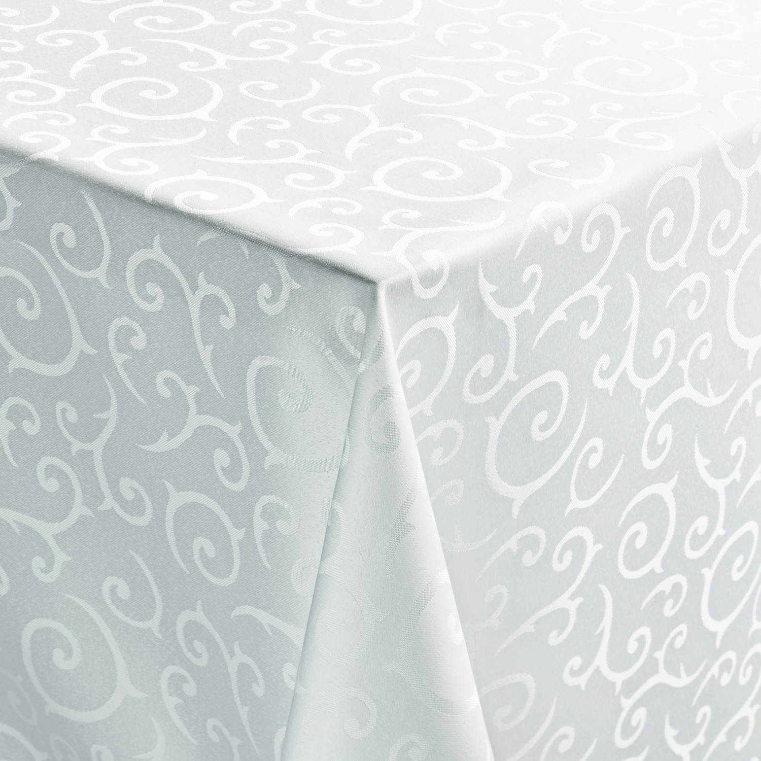 Fata de Masa Patrata PULSIVA Mega, 80 x 80 cm, 100% Poliester, Alb cu Model Noble Tendril, Luciu de Matase, OEKO-TEX Standard 100, Lavabila la 95°C