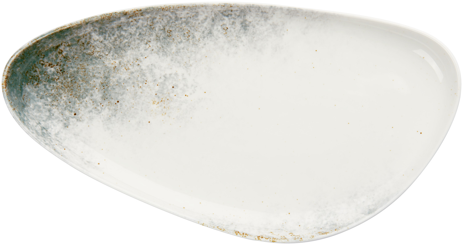 VEGA Purior Porcelain Serving Platter Set of 3, Irregular Organic Shape, Hand-painted White/Teal, 40 x 21 x 3.8 cm, Dishwasher and Microwave Safe