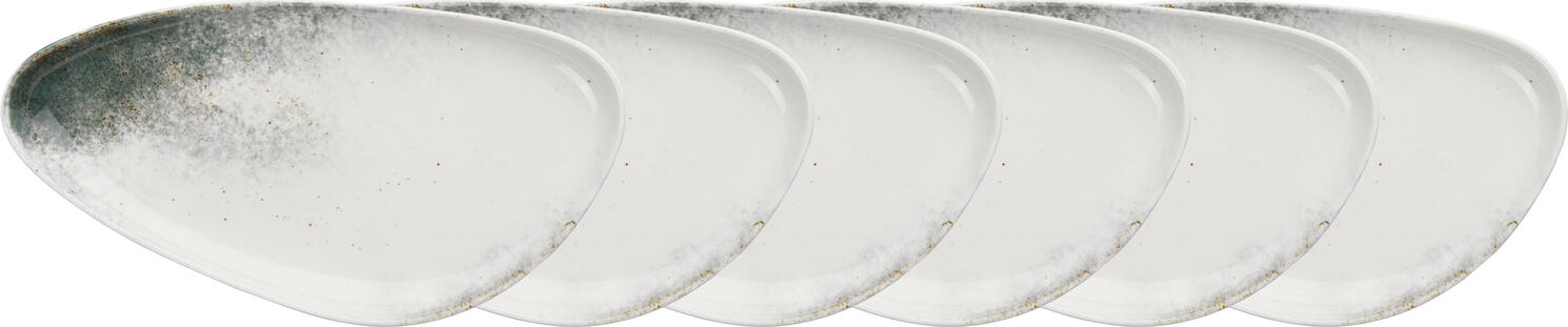 VEGA Purior Serving Platter Set of 6, Hand-Painted Colored Porcelain, Irregular Organic Shape, 30.5 x 16 x 2.6 cm, White/Teal, Dishwasher and Microwave Safe