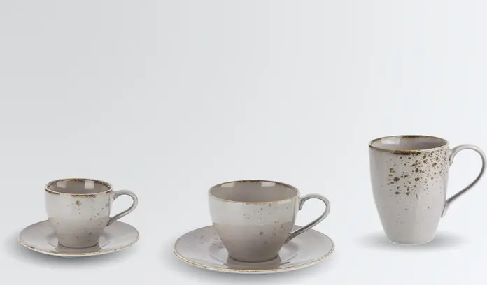 Set de 6 cești de espresso VEGA Palana gri, 110ml din grpcă colorată, design unic cu margini neregulate și pete, compatibile cu mașina de spălat vase și cuptorul cu microunde