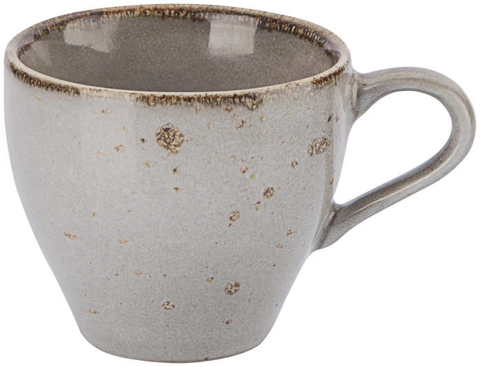 Set de 6 cești de espresso VEGA Palana gri, 110ml din grpcă colorată, design unic cu margini neregulate și pete, compatibile cu mașina de spălat vase și cuptorul cu microunde