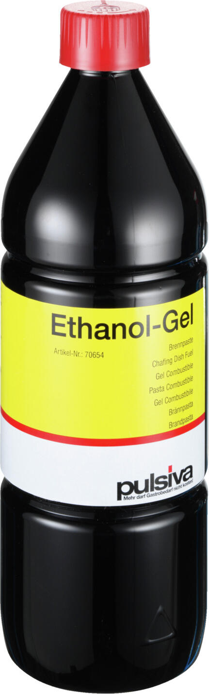 PULSIVA LUSINI Solutions GmbH Refill bottle for fuel gel Brenngel Nachfüllflasche Refill bottle for fuel gel; 1000 ml; transparent; 3 piece / pack Brenngel Nachfüllflasche; 1000 ml; transparent; 3 Stück / Pack Powerful fuel gel for chafing dishes made from pure ethanol. Burns cleanly and with little odor, without producing soot or smoke. Reaches up to 80 °C. 1000 ml refill bottle ensures 13h burning time. Can be refilled in burnt-out fuel gel cans. Observe the hazard warnings and safety advice on the safety data sheet Leistungsstarke Brennpaste für Chafing Dishes aus reinem Ethanol. Verbrennt geruchsarm und sauber, ohne Ruß- und Rauchentwicklung. Erreicht bis zu 80°C. 1000ml-Nachfüllflasche sorgt für 13h Brenndauer. Kann in ausgebrannte Brennpasten-Dosen nachgefüllt werden. Gefahrenhinweise und Sicherheitsratschläge auf dem Sicherheitsdatenblatt beachten