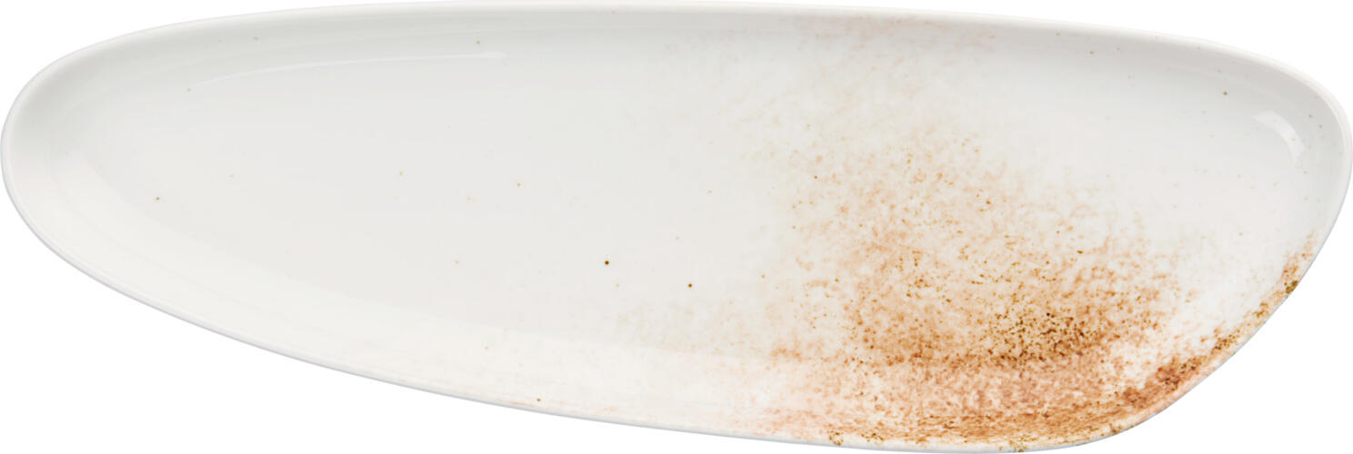 VEGA LUSINI Solutions GmbH Serving platter Purior Servierplatte Purior Serving platter Purior; 35.5x11.5x2.6 cm (LxWxH); white/brown; 4 piece / pack Servierplatte Purior; 35.5x11.5x2.6 cm (LxBxH); weiß/braun; 4 Stück / Pack Colored porcelain platter in irregular organic shape. Available in different shades. Dishwasher safe and microwaveable. Farbige Platte aus Porzellan in unregelmäßiger, organischer Form. In verschiedenen Farbtönen erhältlich. Spülmaschinenfest und mikrowellengeeignet.