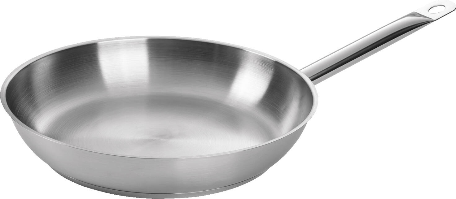 VEGA LUSINI Solutions GmbH Pan uncoated Pfanne unbeschichtet Pan uncoated; 28x5.7 cm (ØxH); stainless steel; round Pfanne unbeschichtet; 28x5.7 cm (ØxH); edelstahl; rund Uncoated stainless steel pan made of matt brushed 18/10 stainless steel. Heavy quality, very robust. Energy-saving, encapsulated base with aluminum core for rapid, even heat distribution and good heat storage. Pouring rim allows safe, drip-free pouring. Stainless steel tube handle is stable, heat-insulating and rustproof. Ovenproof up to +300 °C. Suitable for all types of stoves. Suitable for dishwasher. Unbeschichtete Edelstahl-Pfanne aus matt gebürstetem Edelstahl 18/10. Schwere Qualität, sehr robust. Energiesparend, gekapselter Boden mit Aluminiumkern für zügige, gleichmäßige Wärmeverteilung und gute Wärmespeicherung. Schüttrand ermöglicht sicheres, tropffreies Ausgießen. Edelstahlrohrgriff ist stabil, wärmeisolierend und rostfrei. Bis 300 °C backofenfest. Für alle Herdarten geeignet. Spülmaschinengeeignet.