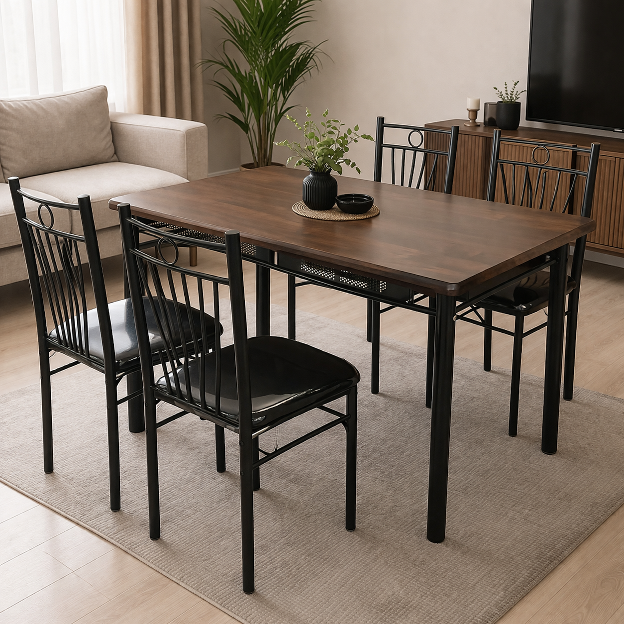FABBYGO 34B281 Dining Set of 5 Pieces, Rectangular Brown Wood Finish MDF Table 120x75cm and 4 Black Metal Chairs with Circular Backrests