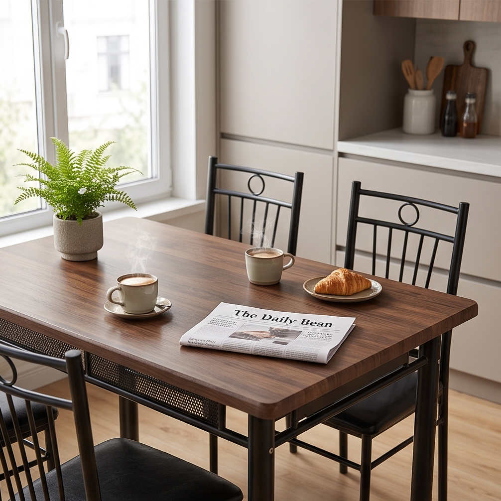 FABBYGO 34B281 Dining Set of 5 Pieces, Rectangular Brown Wood Finish MDF Table 120x75cm and 4 Black Metal Chairs with Circular Backrests