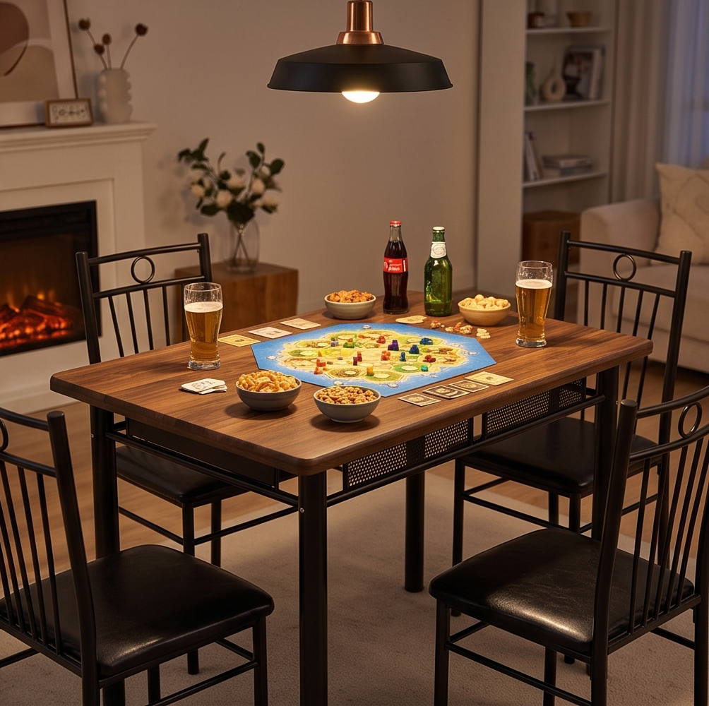 FABBYGO 34B281 Dining Set of 5 Pieces, Rectangular Brown Wood Finish MDF Table 120x75cm and 4 Black Metal Chairs with Circular Backrests