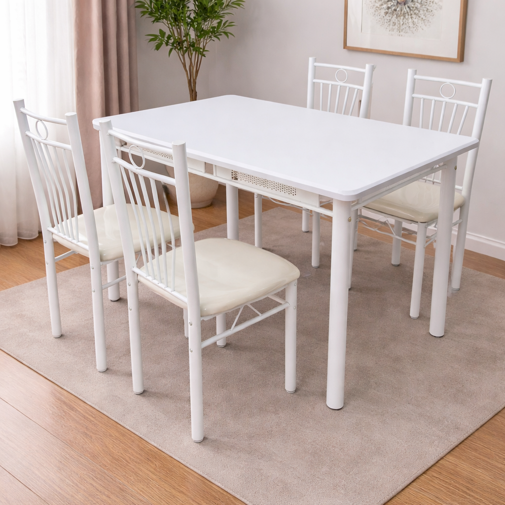 FABBYGO 166-B03B Dining Set of 5 Pieces, 120x75 cm PVC Table and 4 Padded High-Back Chairs, Metal Frame, Scandinavian Style, White