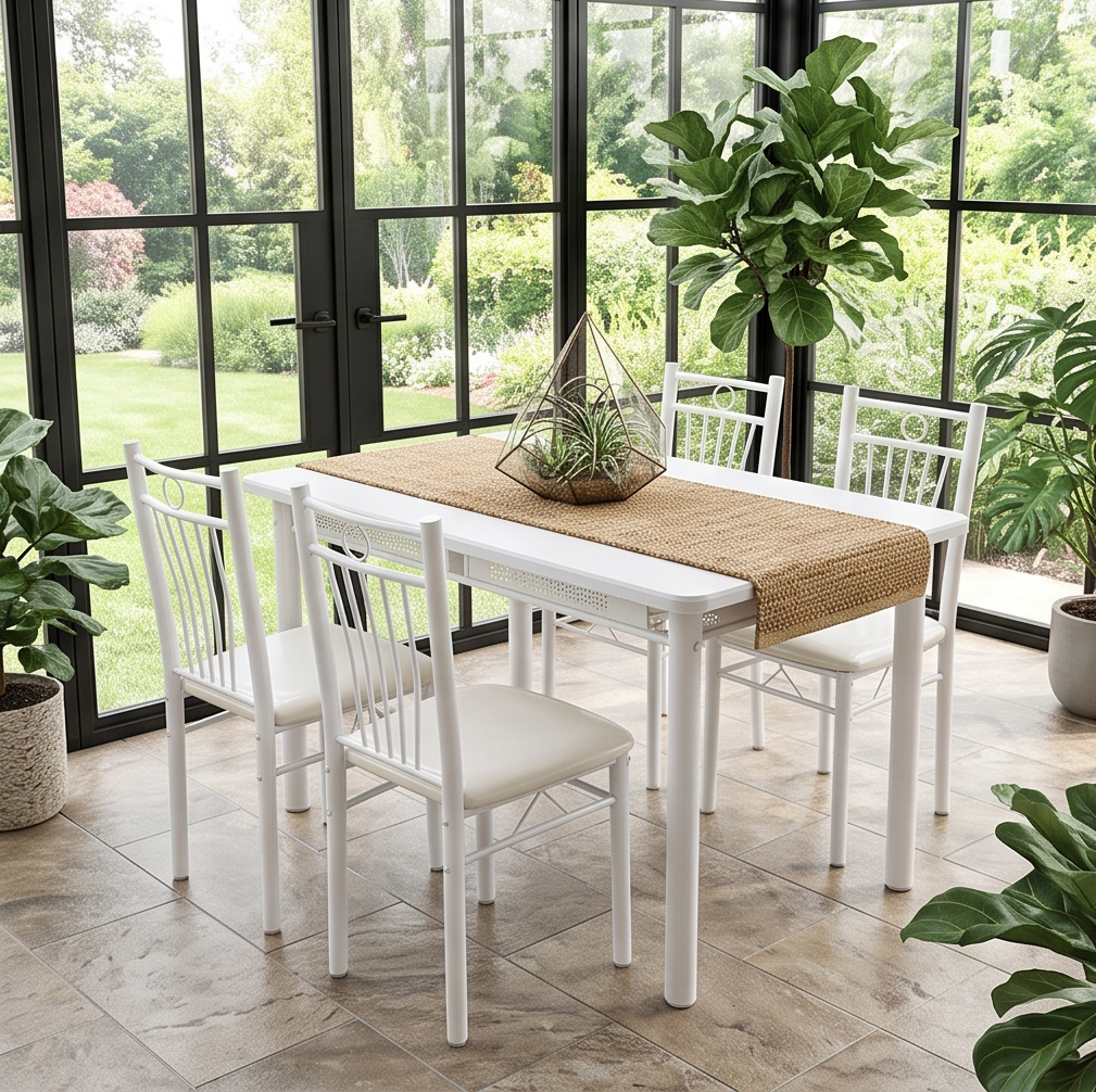FABBYGO 166-B03B Dining Set of 5 Pieces, 120x75 cm PVC Table and 4 Padded High-Back Chairs, Metal Frame, Scandinavian Style, White