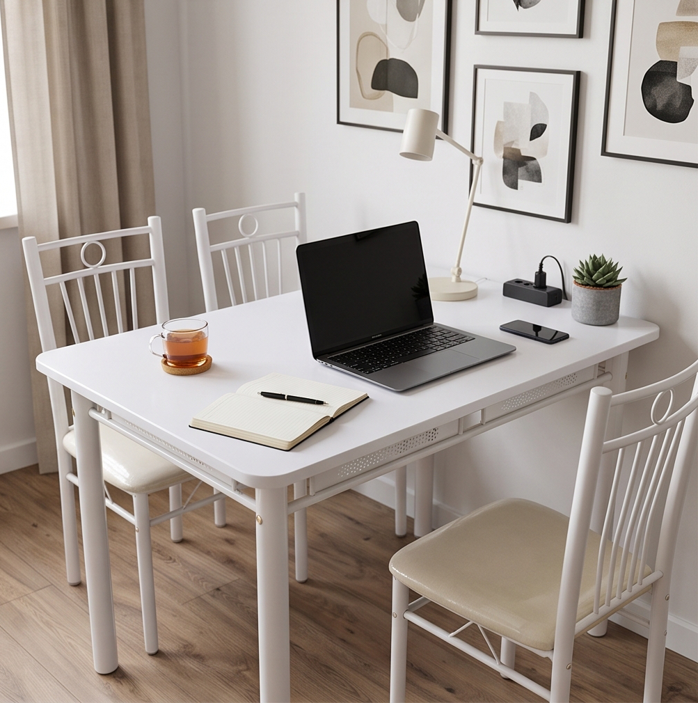 FABBYGO 166-B03B Dining Set of 5 Pieces, 120x75 cm PVC Table and 4 Padded High-Back Chairs, Metal Frame, Scandinavian Style, White