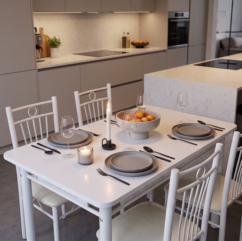 FABBYGO 166-B03B Dining Set of 5 Pieces, 120x75 cm PVC Table and 4 Padded High-Back Chairs, Metal Frame, Scandinavian Style, White