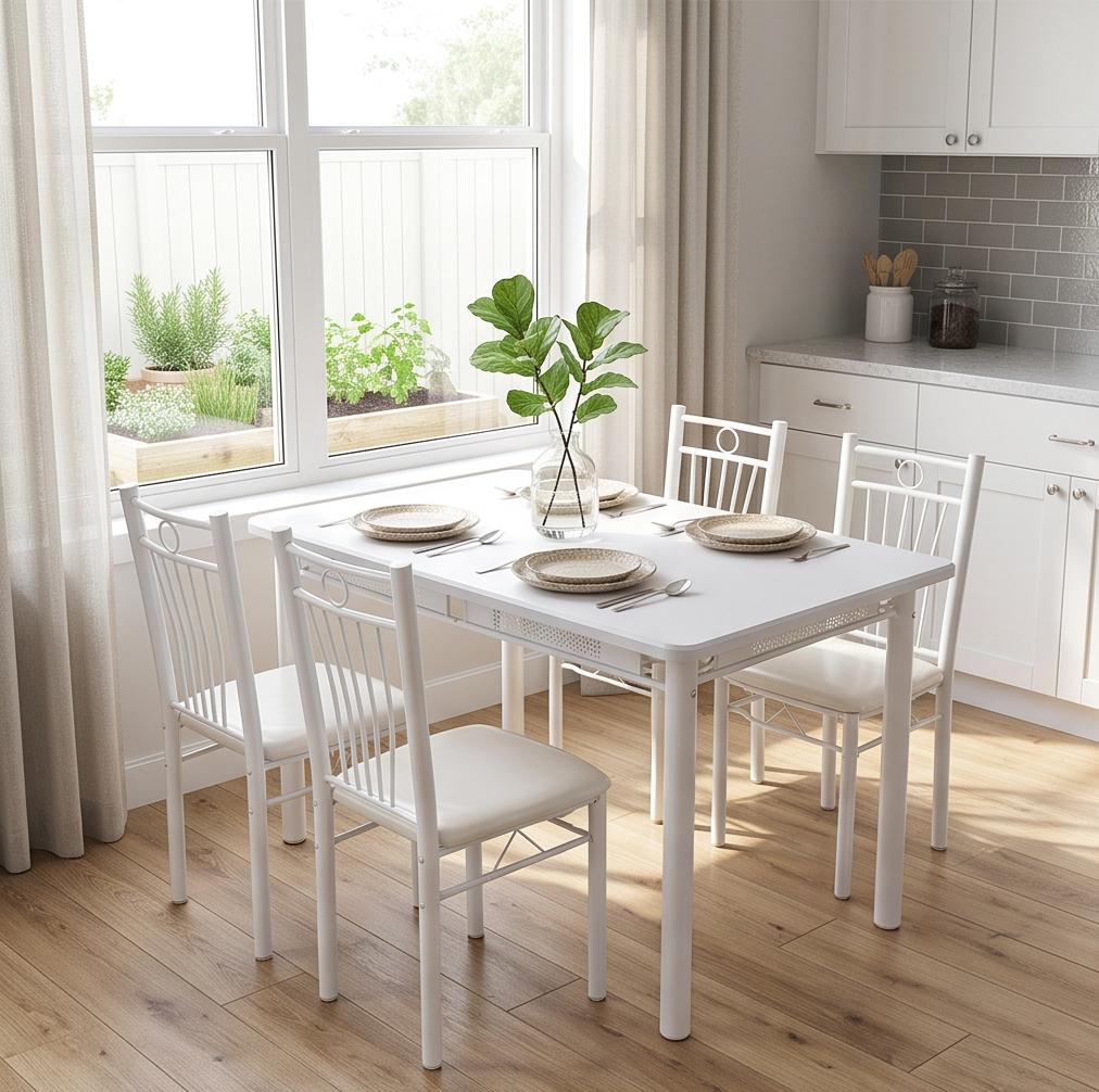 FABBYGO 166-B03B Dining Set of 5 Pieces, 120x75 cm PVC Table and 4 Padded High-Back Chairs, Metal Frame, Scandinavian Style, White