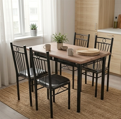 FABBYGO 160-6 Dining Set of 5 Pieces, Brown Wood-Look MDF Table 120x75cm and 4 Black Metal Chairs, Moisture Resistant PVC Finish