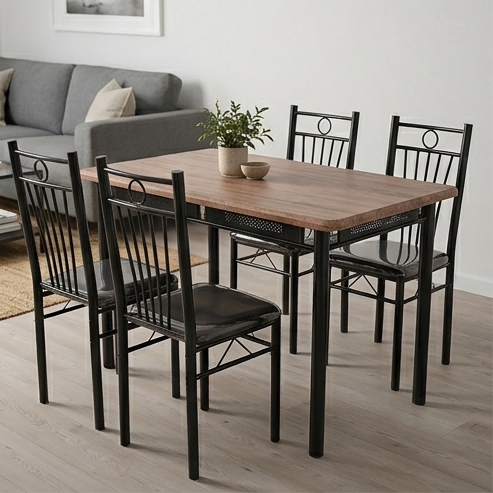 FABBYGO 160-6 Dining Set of 5 Pieces, Brown Wood-Look MDF Table 120x75cm and 4 Black Metal Chairs, Moisture Resistant PVC Finish