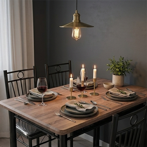FABBYGO 160-6 Dining Set of 5 Pieces, Brown Wood-Look MDF Table 120x75cm and 4 Black Metal Chairs, Moisture Resistant PVC Finish