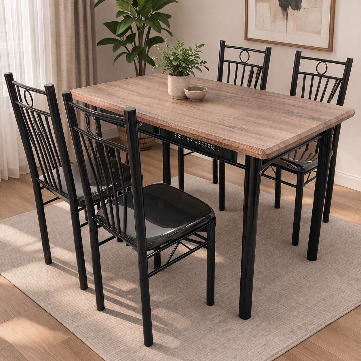 FABBYGO 160-6 Dining Set of 5 Pieces, Brown Wood-Look MDF Table 120x75cm and 4 Black Metal Chairs, Moisture Resistant PVC Finish