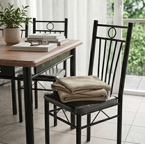 FABBYGO 160-6 Dining Set of 5 Pieces, Brown Wood-Look MDF Table 120x75cm and 4 Black Metal Chairs, Moisture Resistant PVC Finish