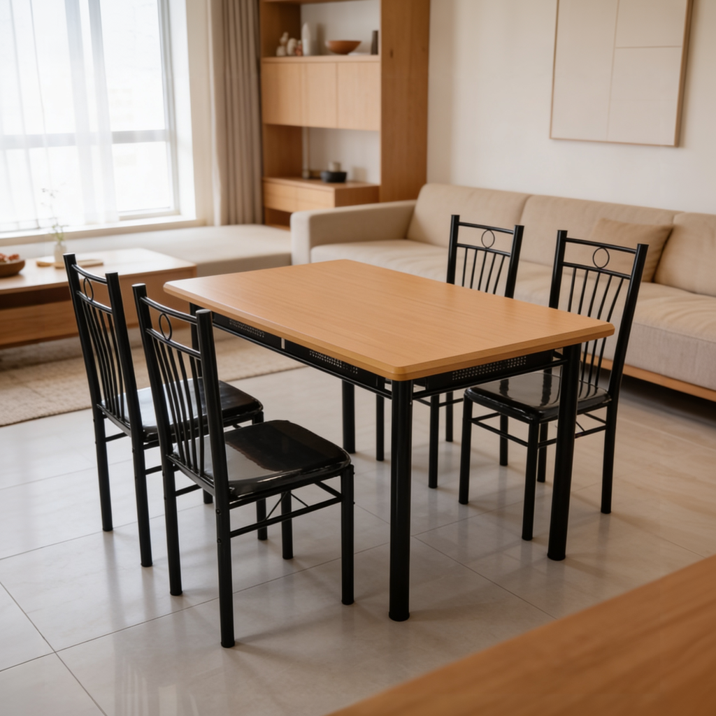 Set Dining FABBYGO 142-12, Set de 5 piese cu 1 Masa 120x75 cm MDF lemn brown wood grain si 4 Scaune din metal negru