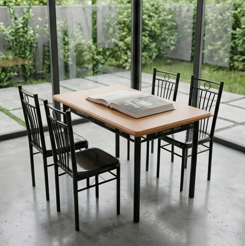 Set Dining FABBYGO 142-12, Set de 5 piese cu 1 Masa 120x75 cm MDF lemn brown wood grain si 4 Scaune din metal negru