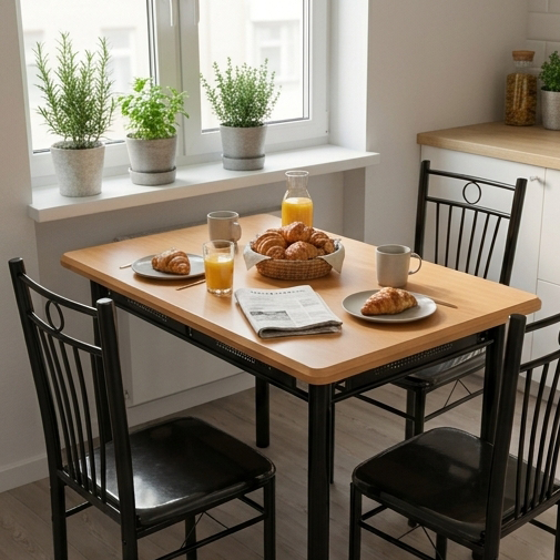 Set Dining FABBYGO 142-12, Set de 5 piese cu 1 Masa 120x75 cm MDF lemn brown wood grain si 4 Scaune din metal negru
