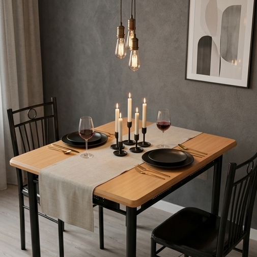 Set Dining FABBYGO 142-12, Set de 5 piese cu 1 Masa 120x75 cm MDF lemn brown wood grain si 4 Scaune din metal negru