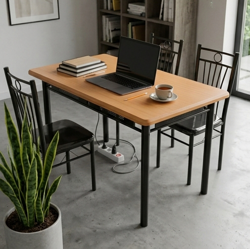 Set Dining FABBYGO 142-12, Set de 5 piese cu 1 Masa 120x75 cm MDF lemn brown wood grain si 4 Scaune din metal negru