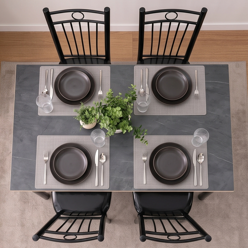 FABBYGO A39-9 Dining Set of 5 Pieces, Sintered Stone Marble Look Table 120x75 cm and 4 Black Chairs with Vertical Slats