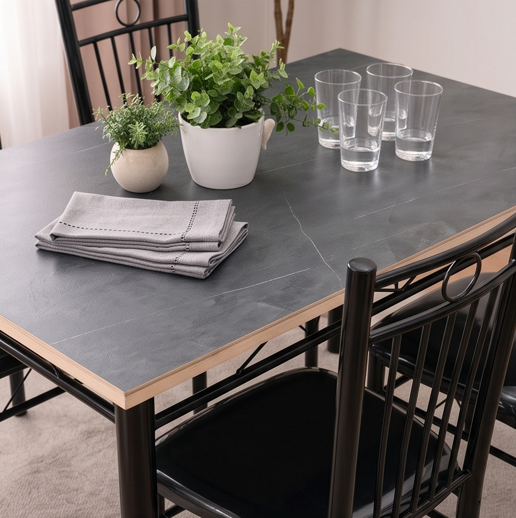 FABBYGO A39-9 Dining Set of 5 Pieces, Sintered Stone Marble Look Table 120x75 cm and 4 Black Chairs with Vertical Slats