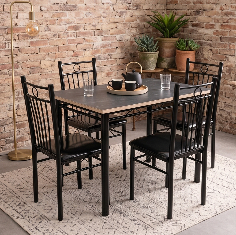 FABBYGO A39-9 Dining Set of 5 Pieces, Sintered Stone Marble Look Table 120x75 cm and 4 Black Chairs with Vertical Slats