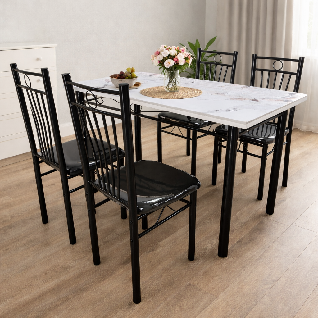 FABBYGO A39-7 Dining Set of 5 Pieces, Sintered Stone Marble Pattern Table 120x75cm, Scratch and Heat Resistant Top, 4 Black Metal Chairs