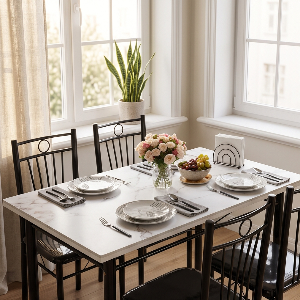 FABBYGO A39-7 Dining Set of 5 Pieces, Sintered Stone Marble Pattern Table 120x75cm, Scratch and Heat Resistant Top, 4 Black Metal Chairs