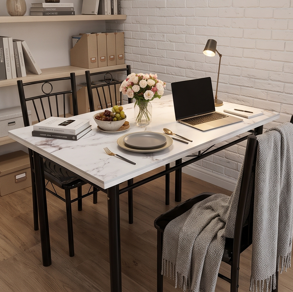 FABBYGO A39-7 Dining Set of 5 Pieces, Sintered Stone Marble Pattern Table 120x75cm, Scratch and Heat Resistant Top, 4 Black Metal Chairs