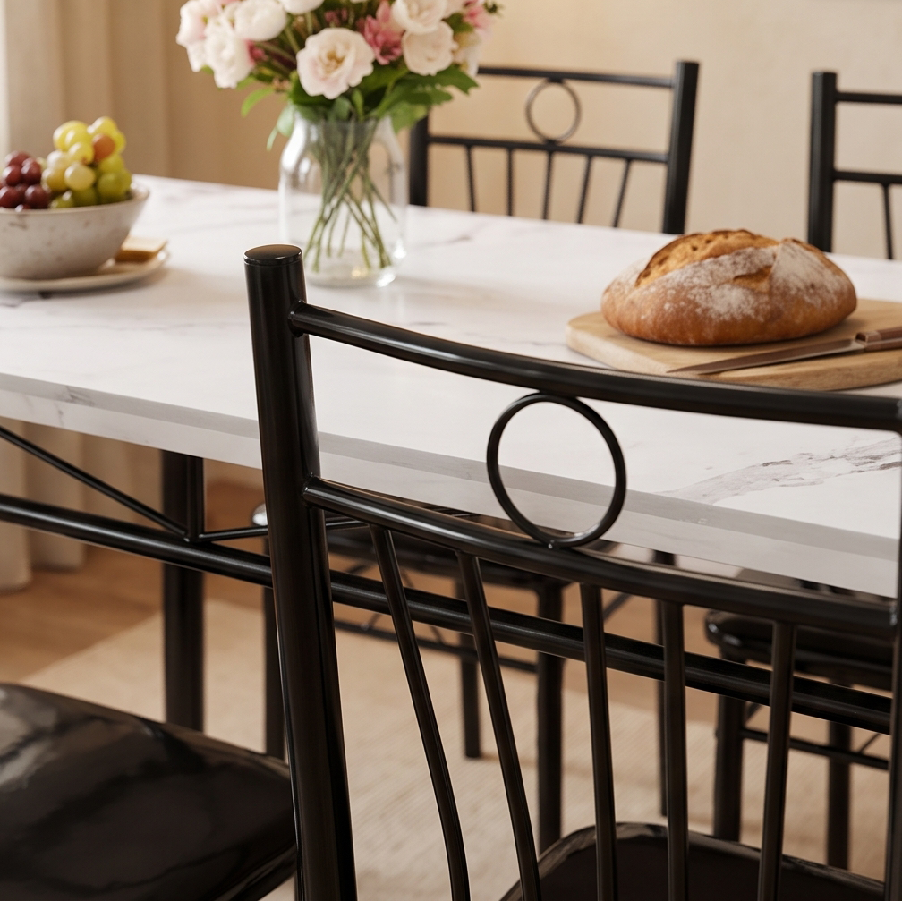 FABBYGO A39-7 Dining Set of 5 Pieces, Sintered Stone Marble Pattern Table 120x75cm, Scratch and Heat Resistant Top, 4 Black Metal Chairs