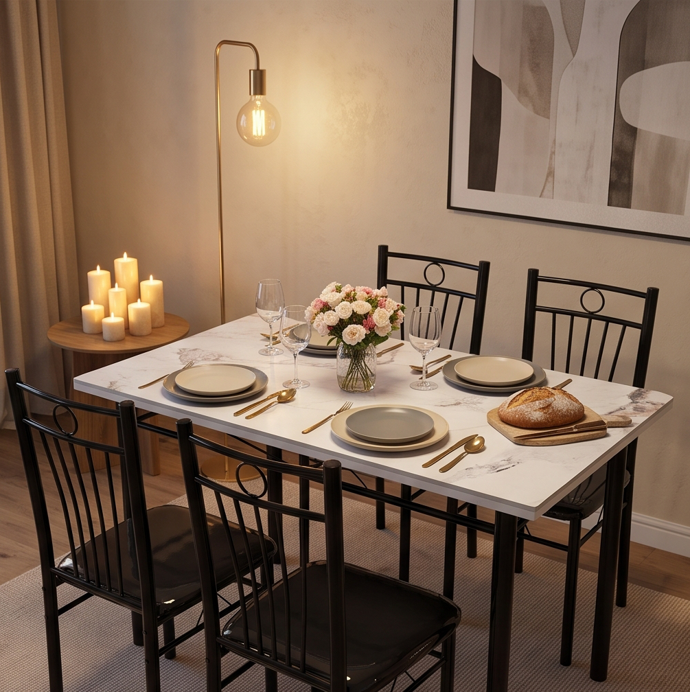 FABBYGO A39-7 Dining Set of 5 Pieces, Sintered Stone Marble Pattern Table 120x75cm, Scratch and Heat Resistant Top, 4 Black Metal Chairs