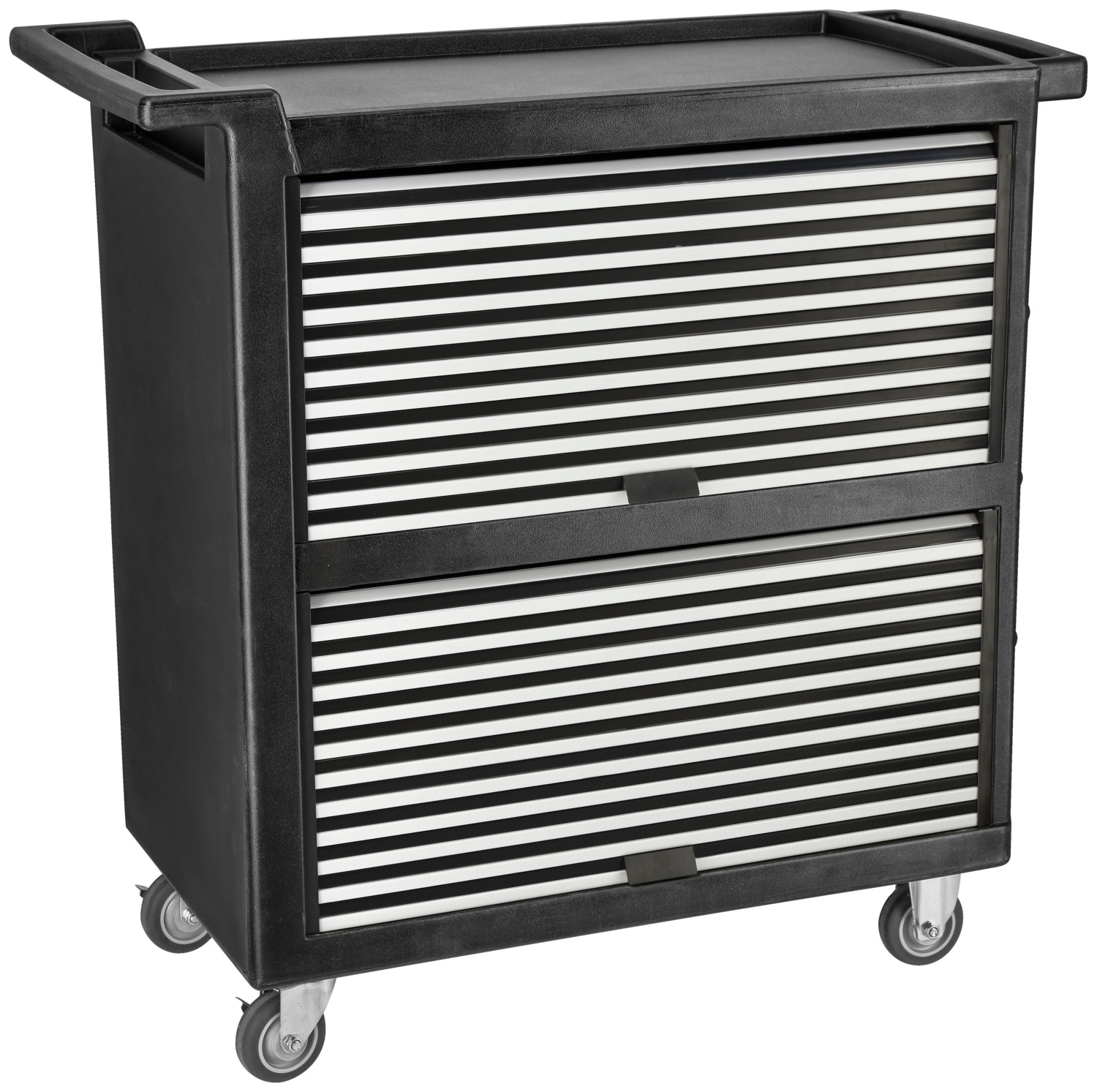 VEGA LUSINI Solutions GmbH Serving trolley Tjugo Servierwagen Tjugo Serving trolley Tjugo; 105.5x50.5x103.5 cm (WxDxH); silver/black Servierwagen Tjugo; 105.5x50.5x103.5 cm (BxTxH); silber/schwarz Serving trolley with polypropylene roller doors. For transporting and storing table utensils, for example, or as an accessory in the dining room. The single-sided roller doors can be opened completely and are easy to move. Two shelves and an outer shelf. The maximum load capacity per board is 100 kg. Four castors, two with brakes, smooth-running and quiet, made of PVC. No welded seams, very robust. Servierwagen mit  Rolltüren aus Polypropylen. Zum Transport und Aufbewahrung von z.B. Tischutensilien oder auch als Accessoire im Gastraum. Die einseitigen Rolltüren sind komplett zu öffnen und leicht gängig. Zwei Bords und eine äußere Ablage. Die maximale Tragkraft pro Board beträgt 100 kg. Vier Rollen, davon zwei mit Bremsen, leichtgängig und leise aus PVC. Keine Schweißnähte, sehr robust.
