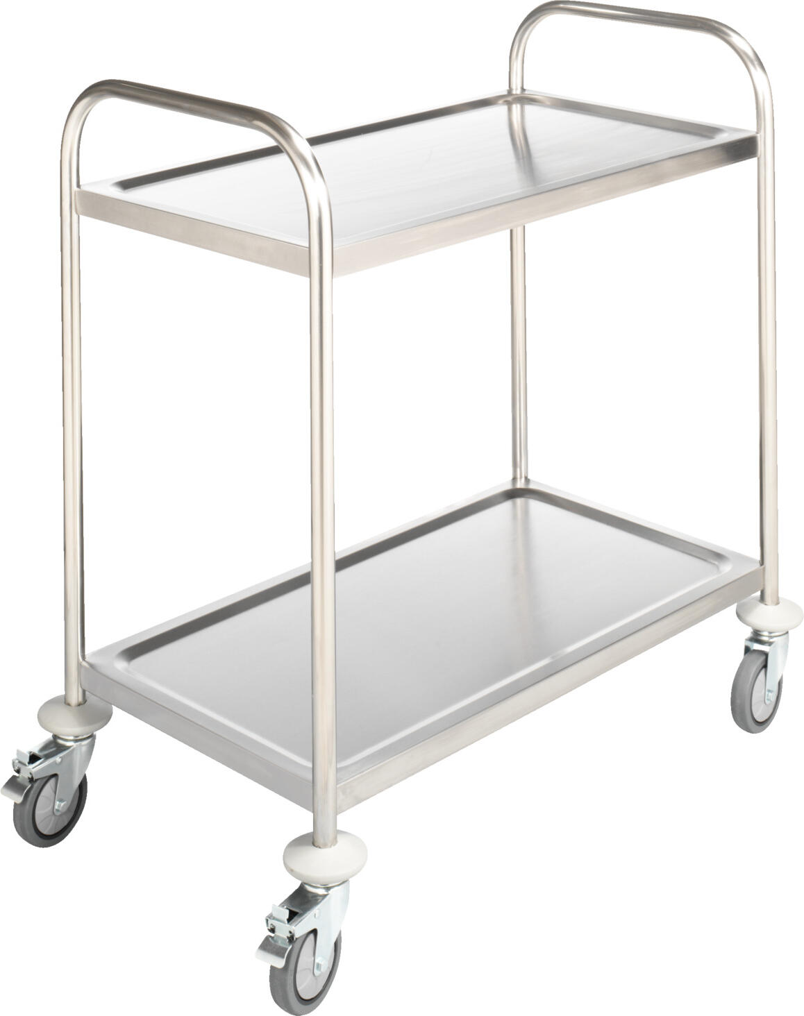 PULSIVA LUSINI Solutions GmbH Serving trolley Standard 2B Servierwagen Standard 2B Serving trolley Standard 2B; 85x54x93 cm (WxDxH); silver Servierwagen Standard 2B; 85x54x93 cm (BxTxH); silber Stainless steel service trolley. Made of sturdy round tubing with deep-drawn shelves. Robust design for smooth running and stability. PVC wheels with a Ø of 10 cm and a wheel width of 3 cm. Four corrosion-protected swivel castors with wall deflectors, two of which are lockable. Simple self-assembly. Servierwagen aus Edelstahl, rostfrei. Aus stabilem Rundrohr mit tiefgezogenen Böden. Robuste Ausführungen für einen guten Lauf und sicheren Stand. Räder aus PVC mit einem Ø von 10 cm und einer Radbreite von 3 cm. Vier korrosionsgeschützte Lenkrollen mit Wandabweisern, davon zwei feststellbar. Einfache Selbstmontage.