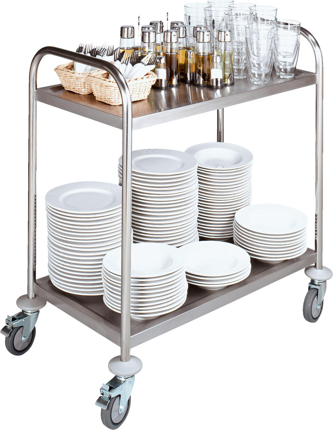 PULSIVA LUSINI Standard 2B Serving Trolley, 2 Shelves, Stainless Steel Rust-Proof Frame with Deep-Drawn Shelves, 4 Swivel Castors with Bumpers, 85x54x93 cm, Silver