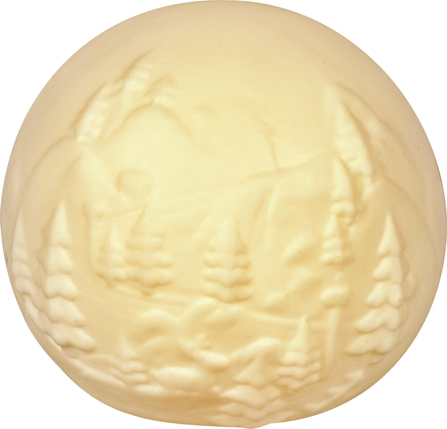 Bilouca de Craciun din Porcelana cu LED Vega Esteban, Alb, Diametru 8.3 cm, Design cu Relief Scena de Iarna, Functionare la Baterie